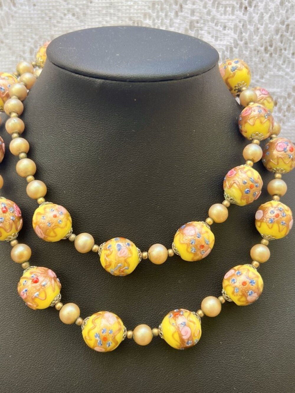 Vintage Venetian yellow "wedding cake" bead necklace with hand painted roses